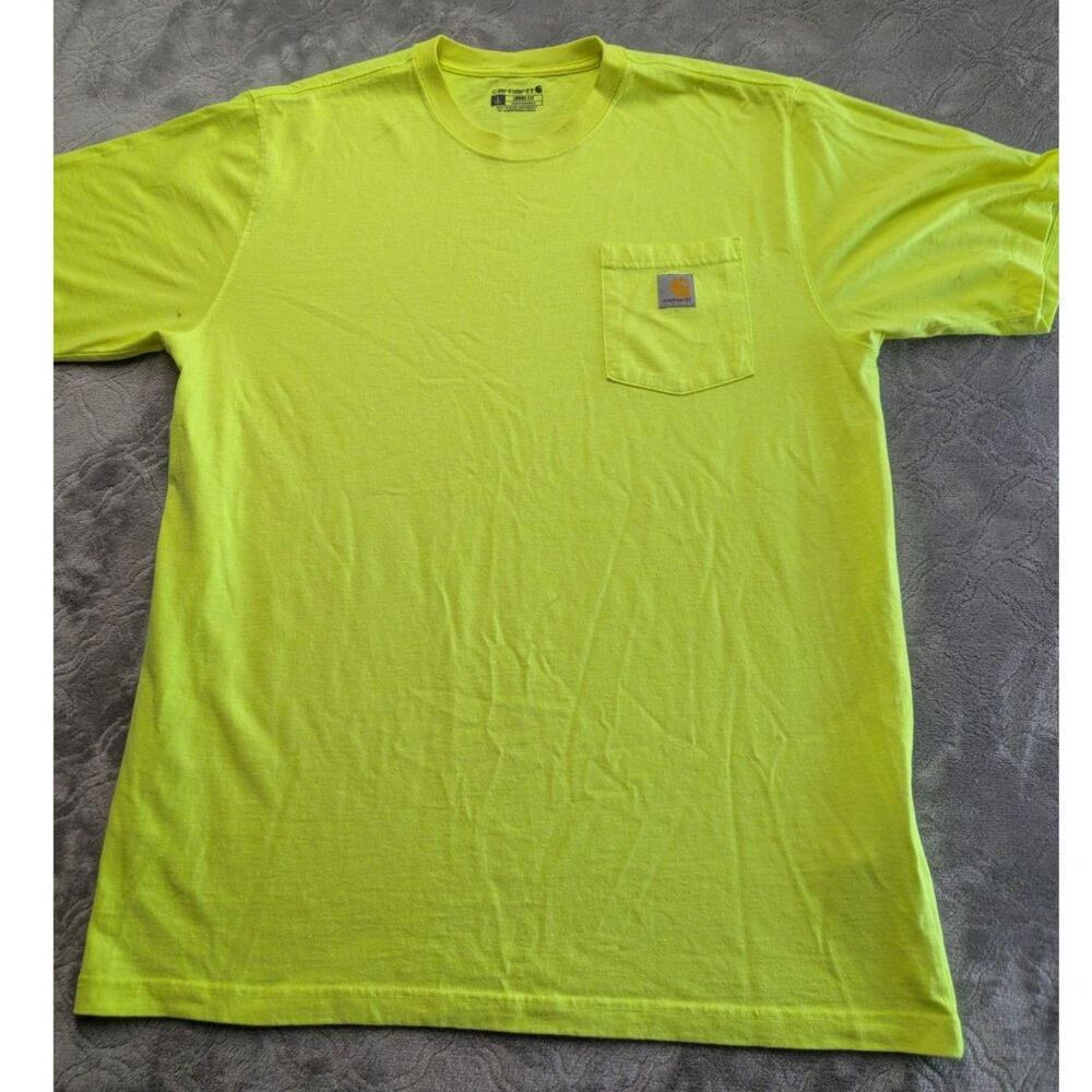 Carhartt Pocket T-Shirt Men's Large Tall Hi Vis Yellow Loose Fit Workwear Tee